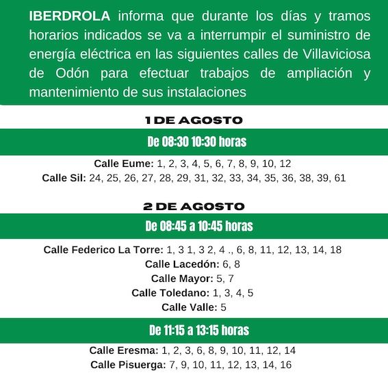 Iberdrola cortará el suministro eléctrico en varias calles de Villaviciosa los días 1 y 2 de agosto