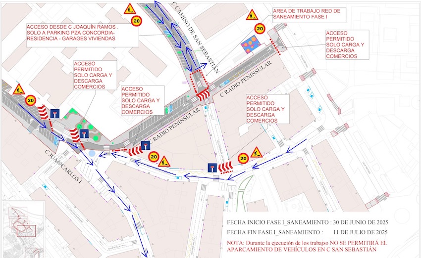 Cortes de tráfico por las obras de saneamiento en la calle Camino de San Sebastián